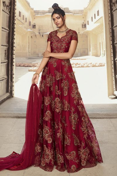 Buy Cherry Red Zari Embroidered Net Anarkali Suit Online | Like A Diva
