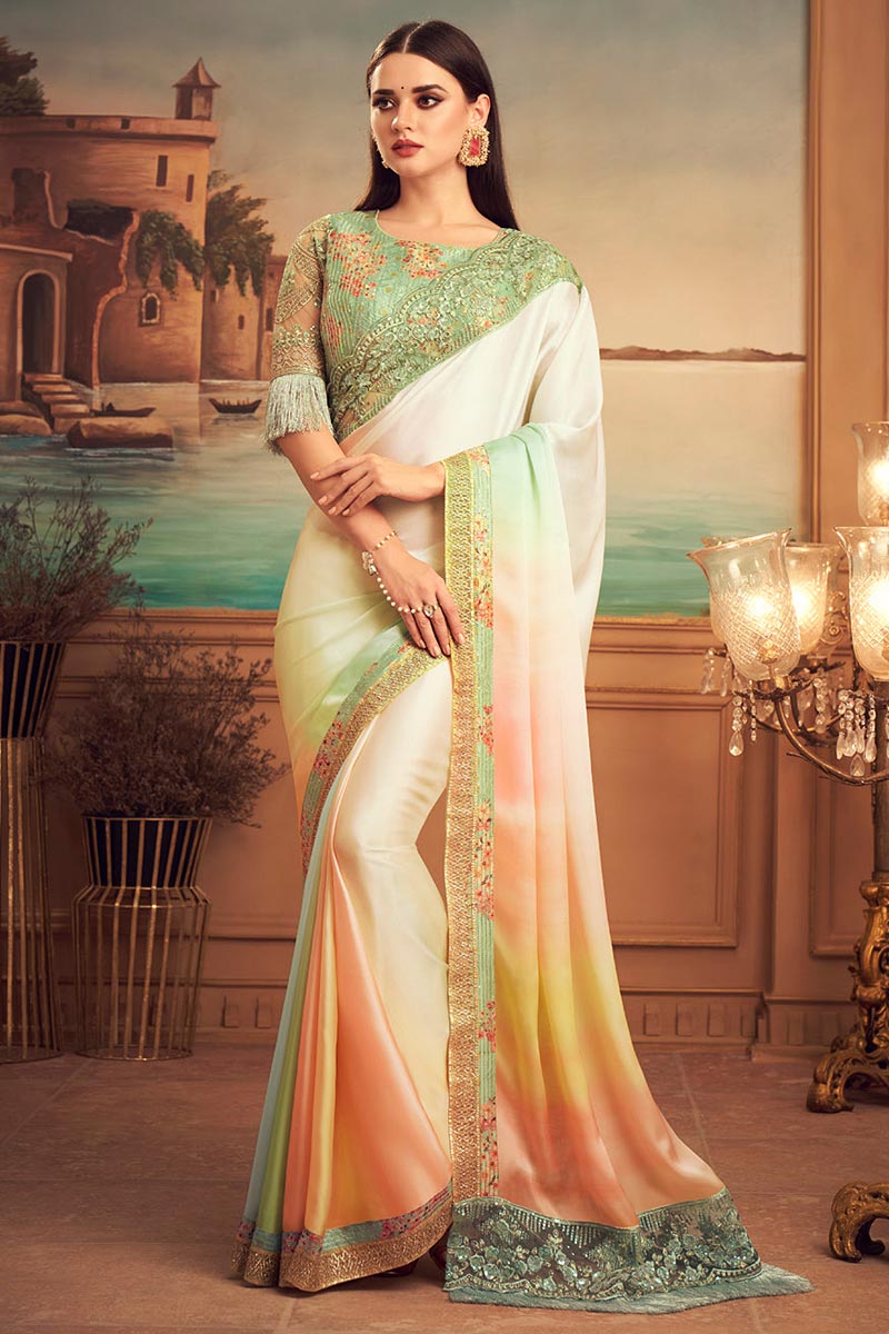Buy Pearl White Embroidered Silk Saree With Sequins Work Online Like 