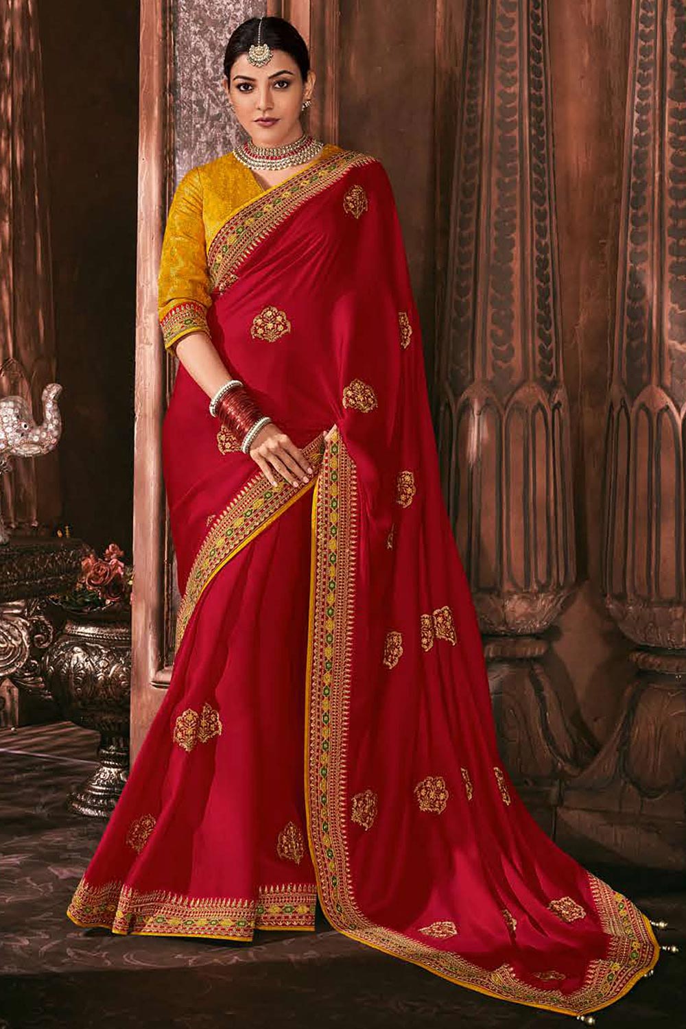 Buy Cherry Red Silk Embroidered Saree Online Like A Diva 