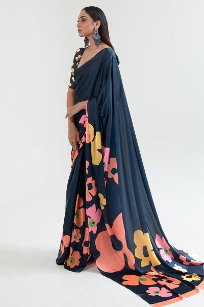 Black Satin Silk Multi Colour Abstract Print Saree