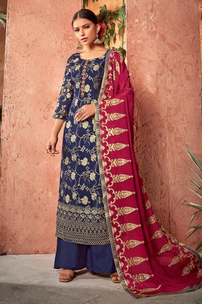 navy blue suit with red dupatta