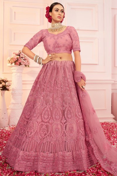 Blush Pink Stone Work Net Lehenga