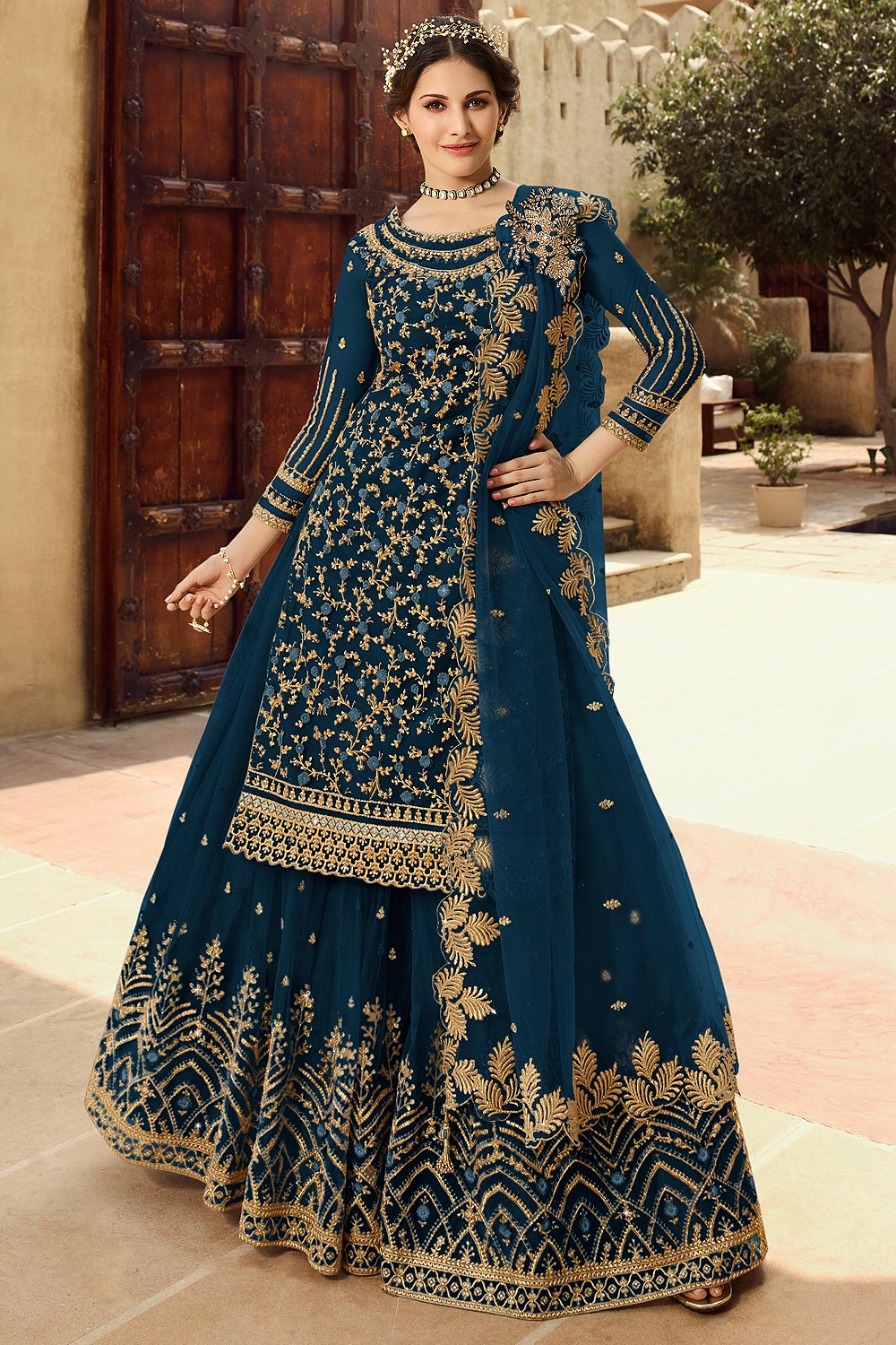 Buy Navy Blue Embellished Net Kurta With Lehenga Online | Like A Diva