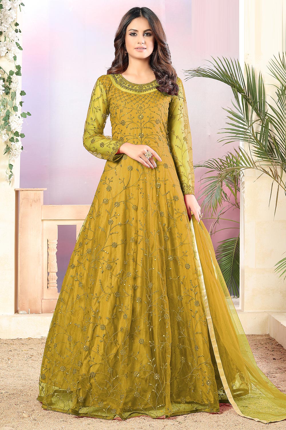 Buy Mustard Yellow Net Embellished Anarkali Set Online | Like A Diva