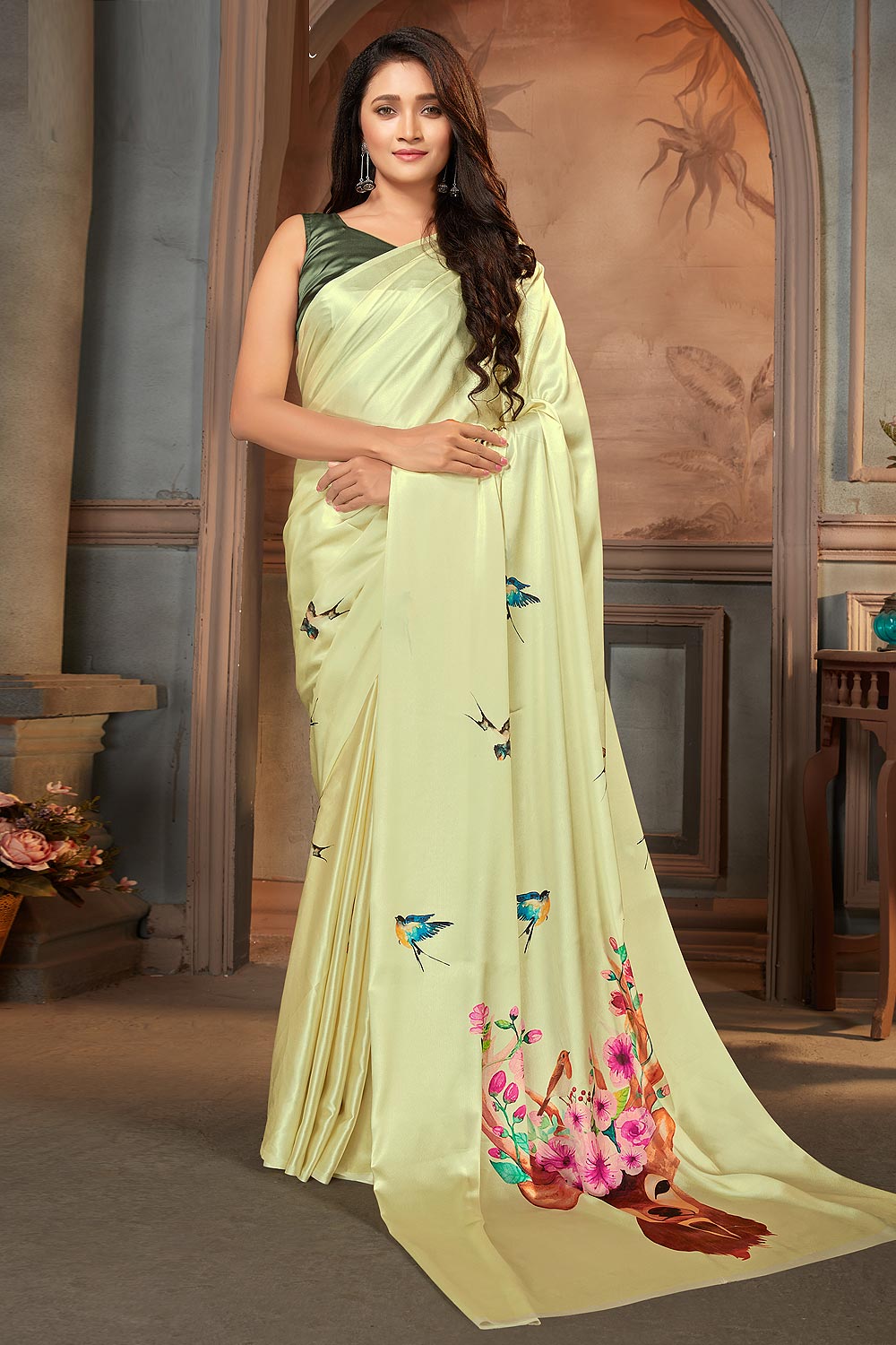 Digital Printed Crepe Saree in Mustard : SEW12382