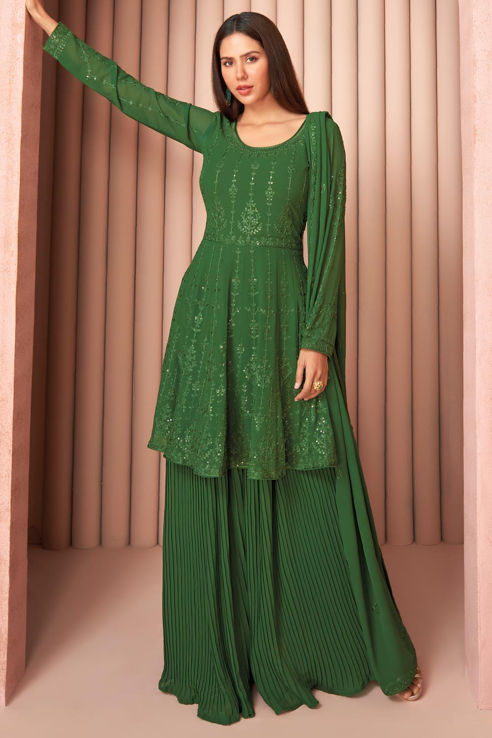 Buy Dark Green Georgette Sharara Style Peplum Suit Online | Like A Diva