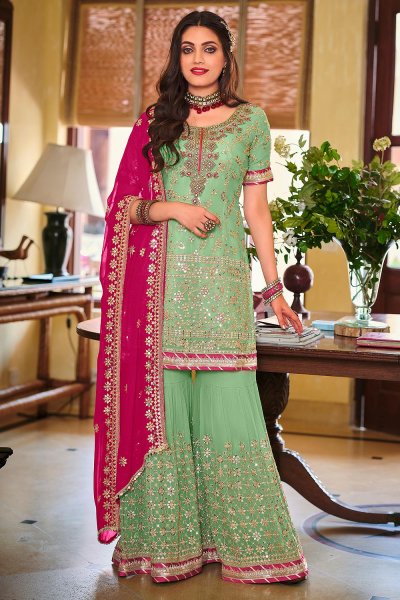 Aqua Green Embellished Georgette Sharara Style Suit