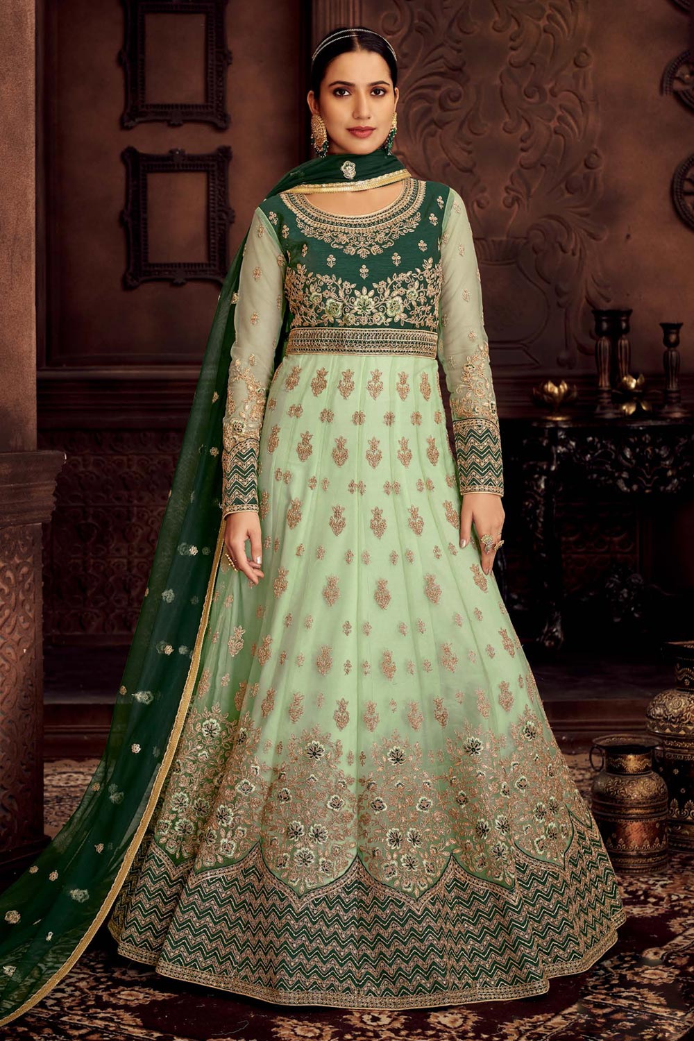 Buy Mint Green Net Embellished Anarkali Suit With Dupatta Online 