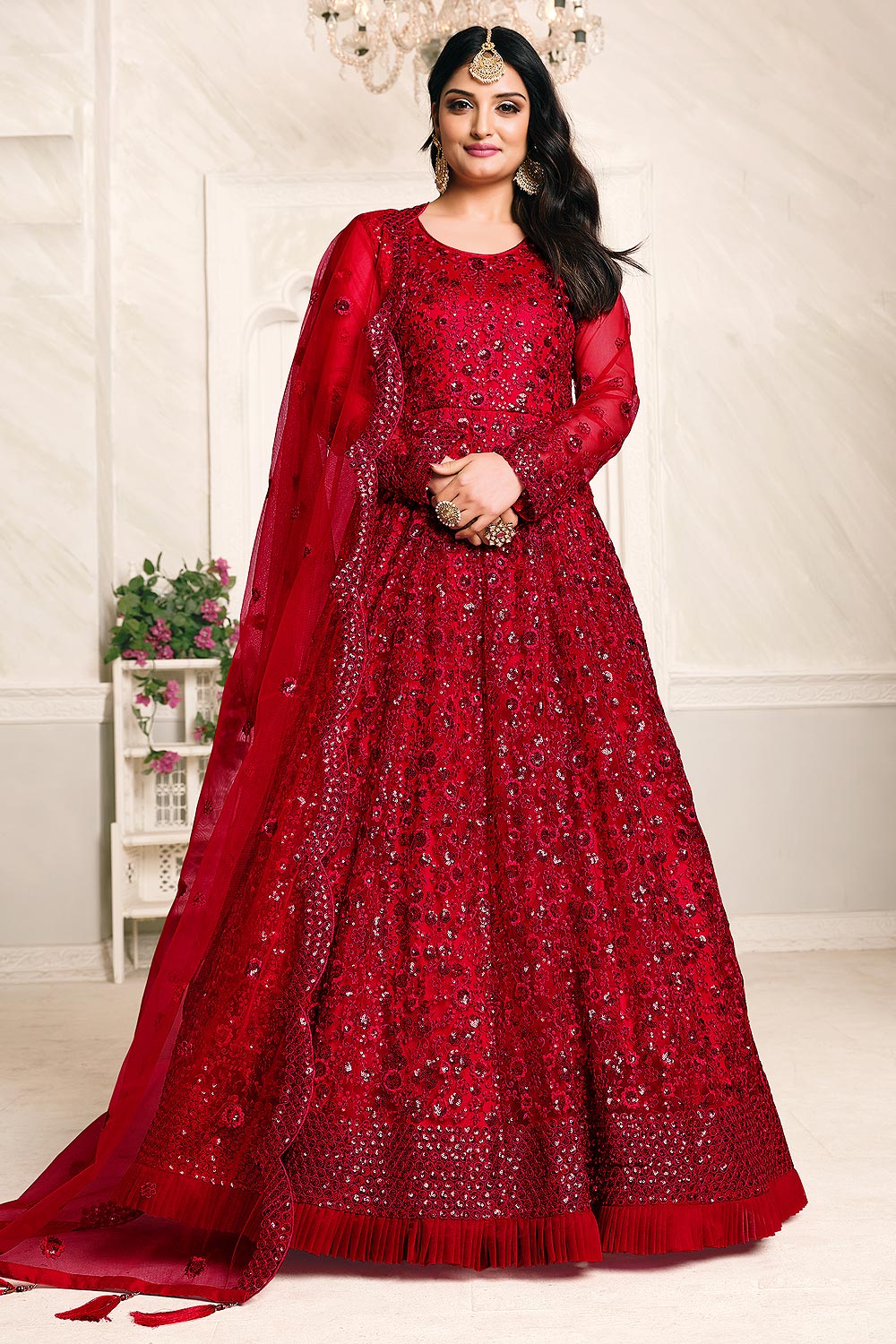 red anarkali gown