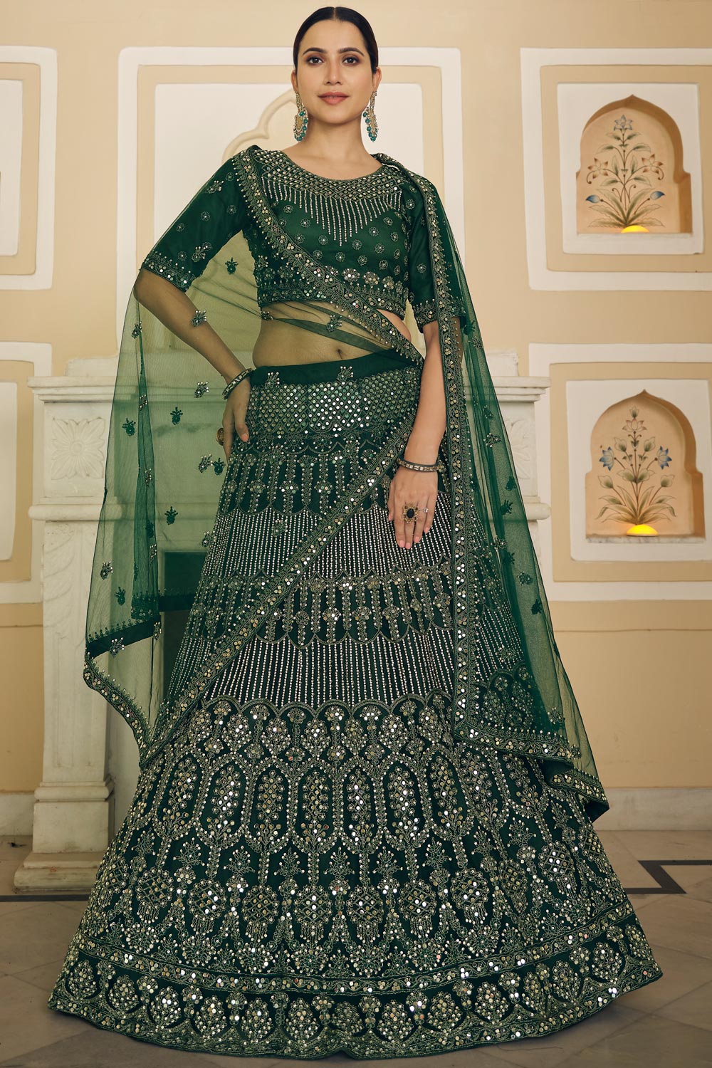 Buy Bottle Green Net Mirror Work Embellished Lehenga Online | Like A Diva