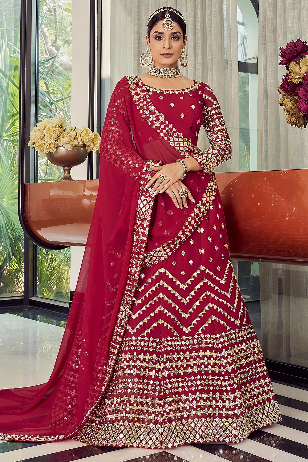 Buy Red Georgette Embellished Lehenga Set Online 