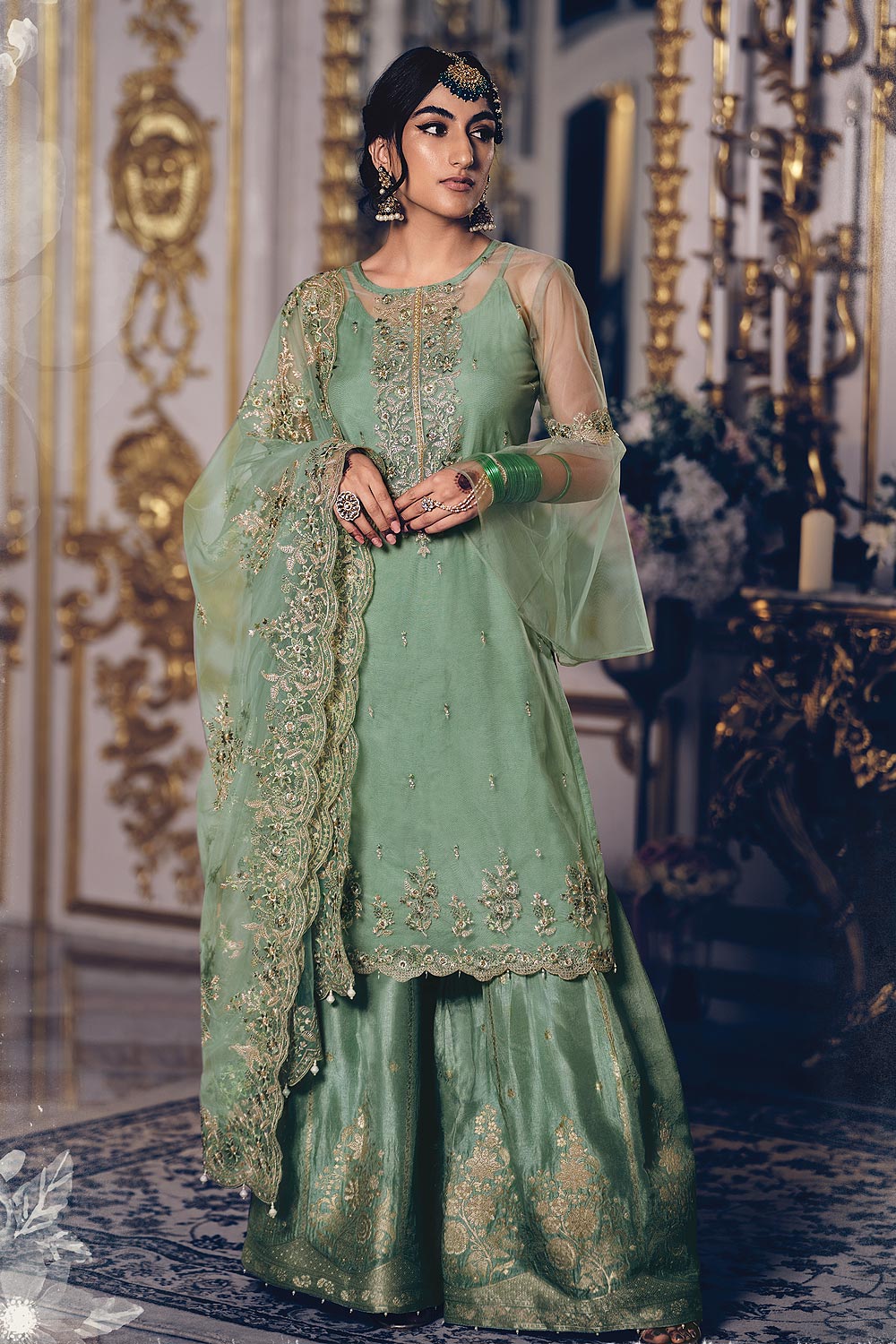 Buy Aqua Green Embroidered Net Suit With Flared Pants Online | Like A Diva