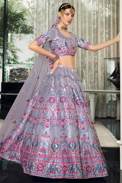 Metallic Lilac Silk Embroidered Lehenga Set