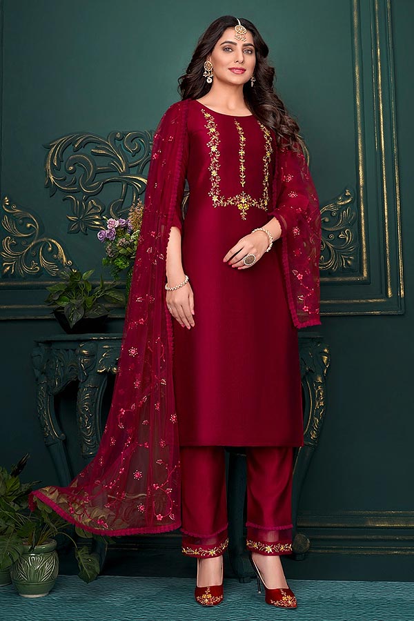 Buy Ready To Wear Red Embroidered Silk Kurta Set Online | Like A Diva