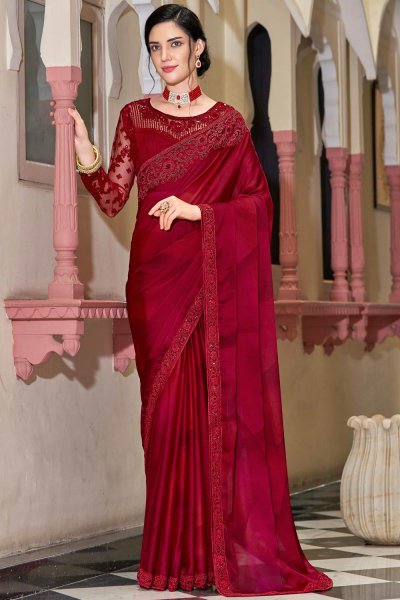 Red Silk Embellished Border Saree