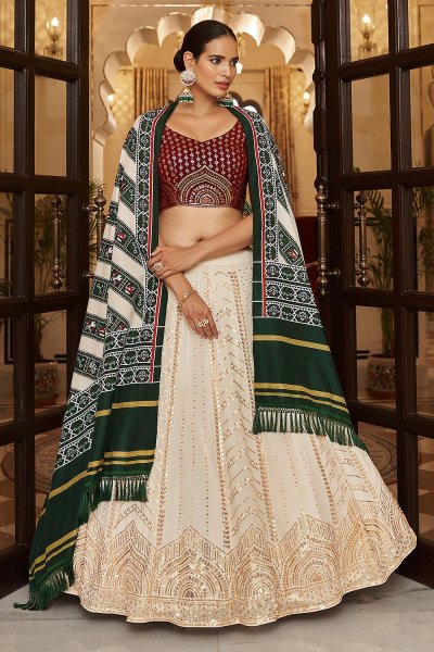 Ivory & Maroon Georgette Embellished Lehenga Choli Set