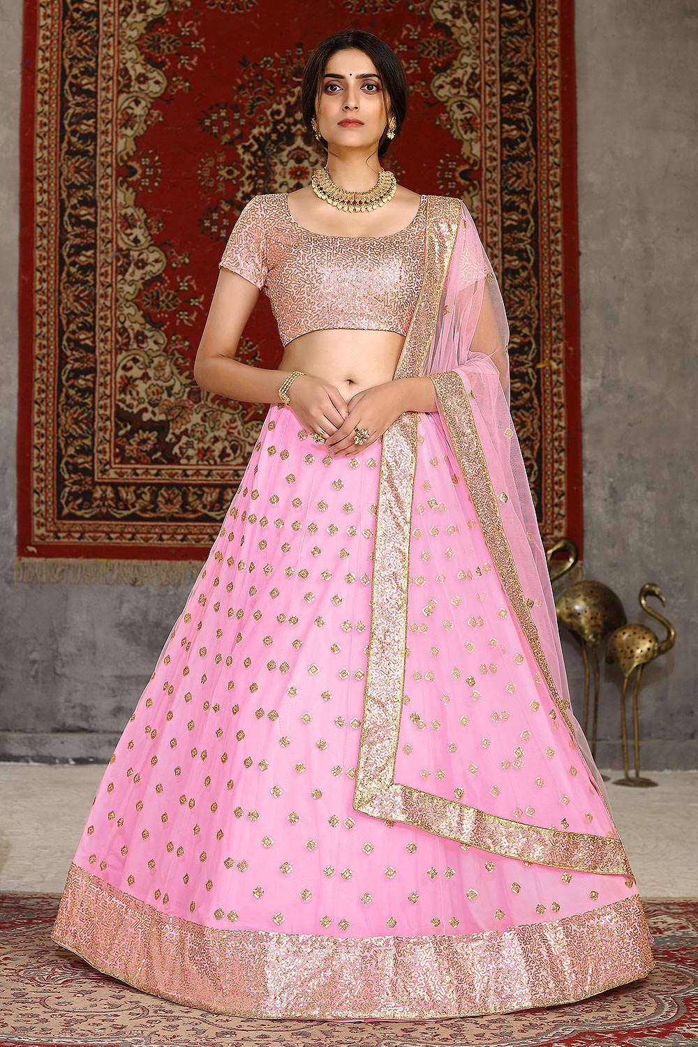 Buy Light Pink Net Embroidered Lehenga Set Online | Like A Diva