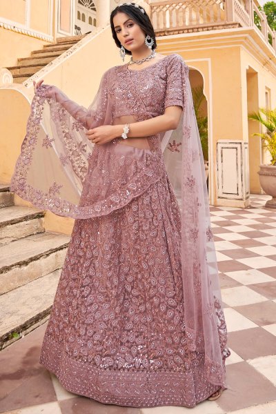 Dusty Rose Net Embellished Lehenga Set