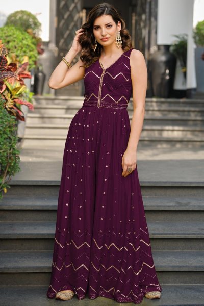 Ready To Wear Plum Chinon Indo-Western Jumpsuit