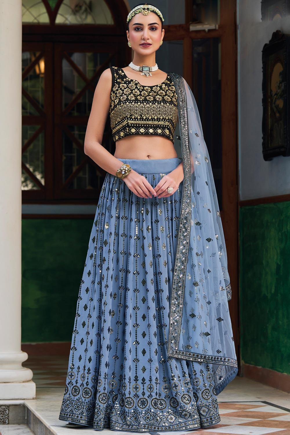 buy-ready-to-wear-cornflower-blue-georgette-embellished-lehenga-set