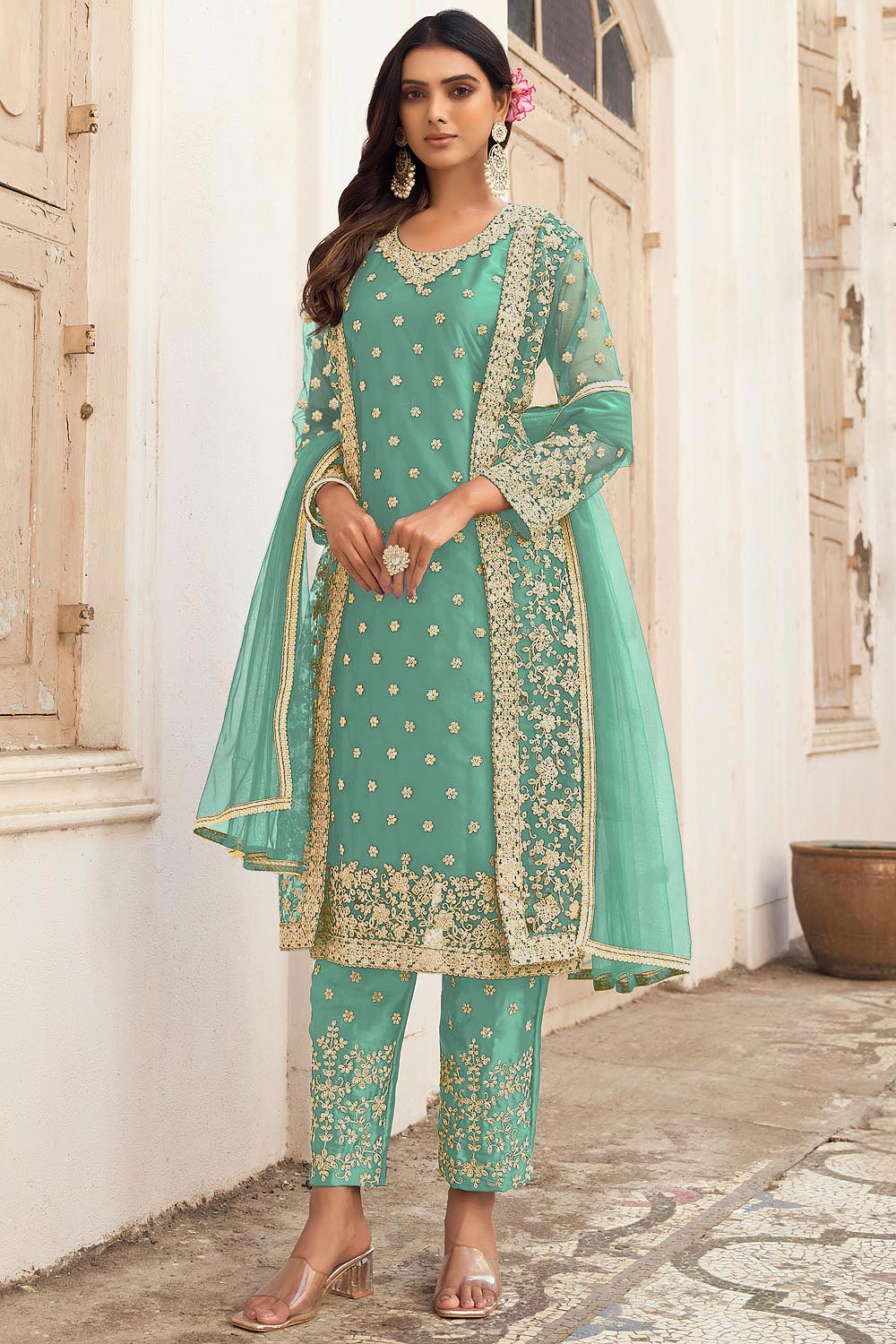 Buy Aqua Green Net Embroidered Kurta Set With A Jacket Online | Like A Diva