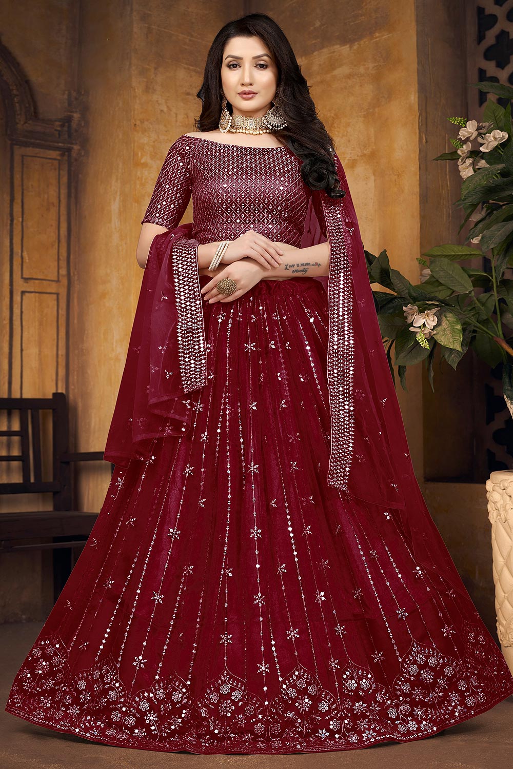 Buy Maroon Embroidered Net Lehenga Set Online | Like A Diva