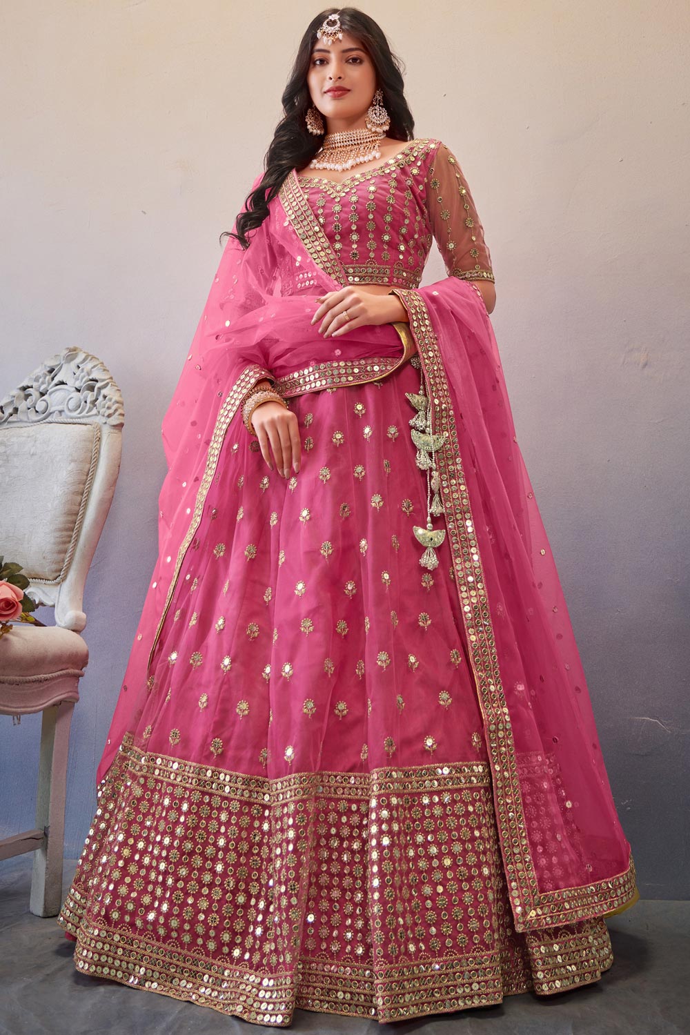 Buy Pink Net Embroidered Lehenga Set Online | Like A Diva