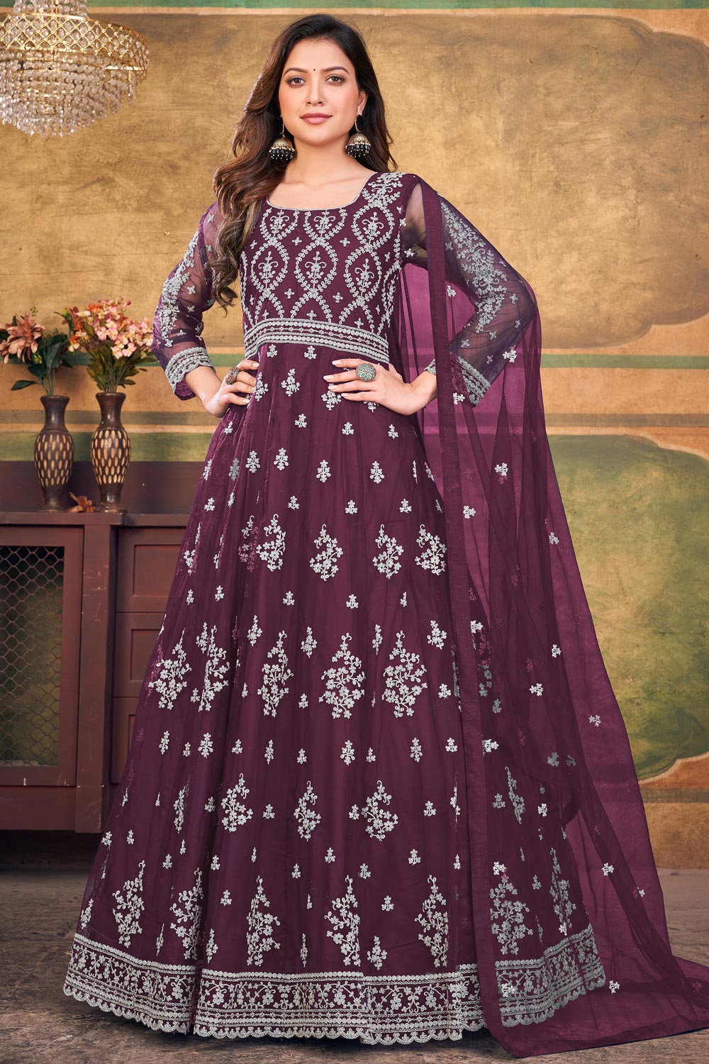 Buy Plum Net Embroidered Anarkali Dress Online | Like A Diva