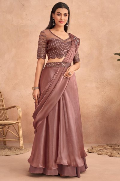 Old Rose Pink Designer Satin Saree Style Lehenga With Belt