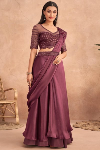 Dusty Maroon Designer Satin Saree Style Lehenga With Belt