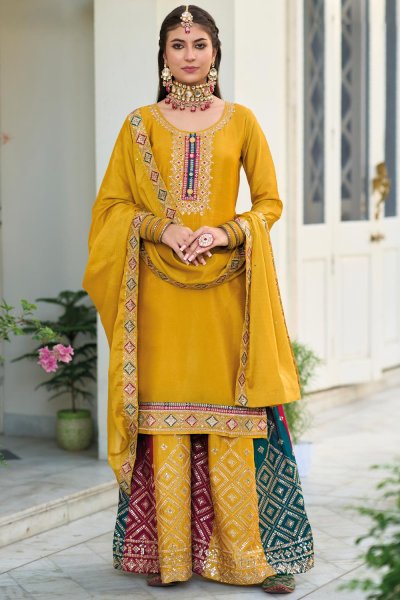 Yellow Chinon Embroidered Kurta Set With Sharara