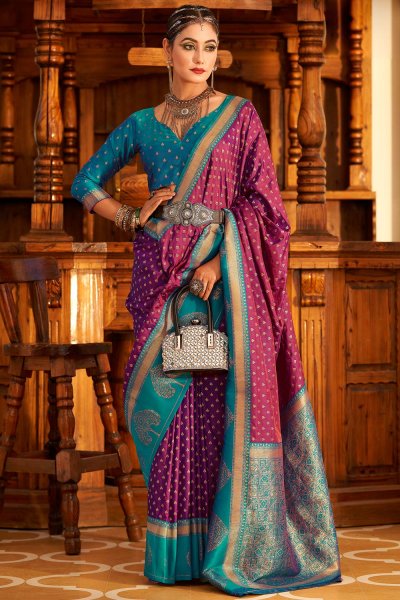 Plum & Blue Banarasi Silk Paithani Silk