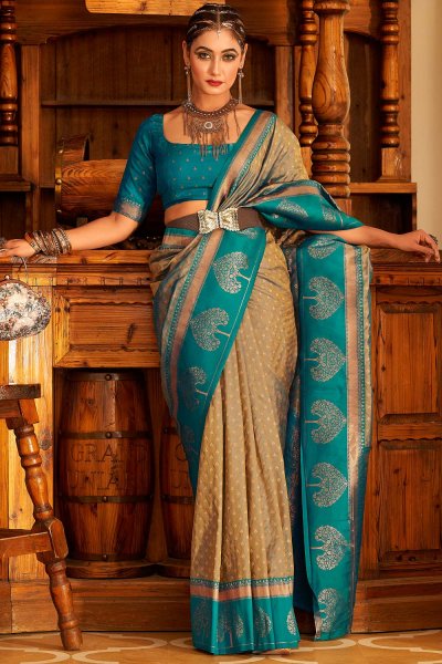 Ecru & Blue Banarasi Silk Paithani Silk