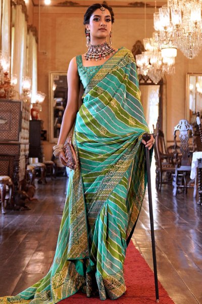 Teal  & Mehendi Green Lehariya Georgette Embroidered Saree