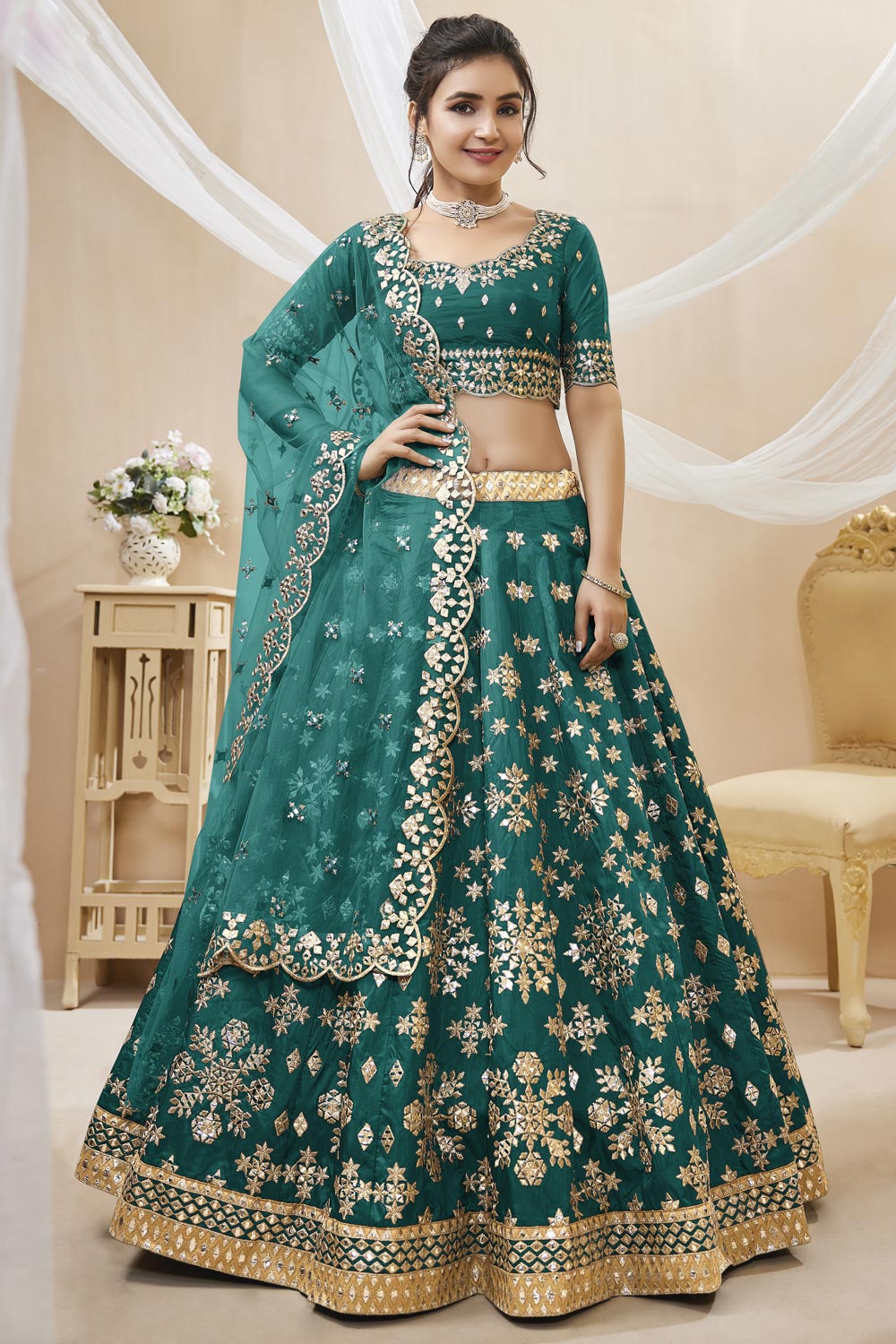 Buy Teal Green Silk Embroidered Lehenga Set Online | Like A Diva