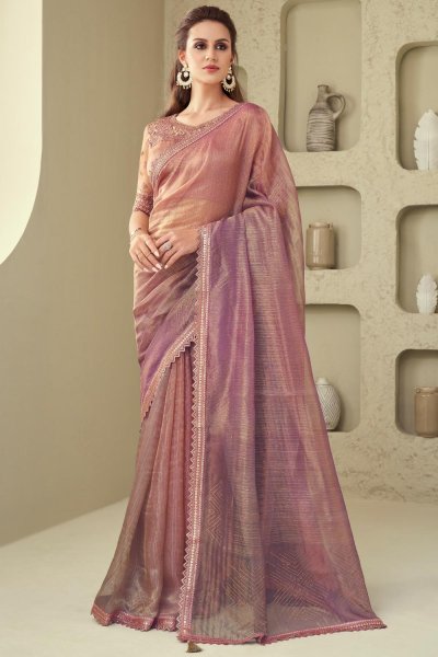 Old Rose Pink Silk Embroidered Bordered Saree