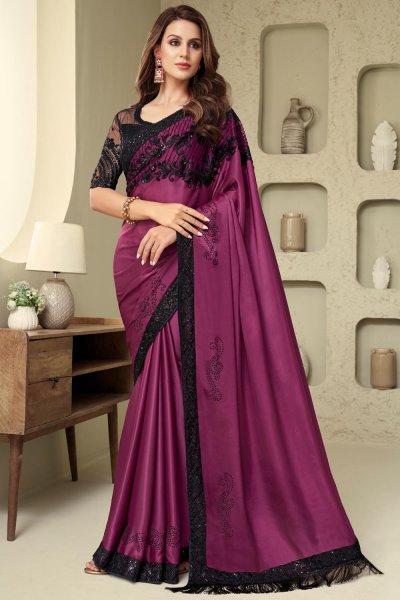 Mauve Silk Embroidered Bordered Saree