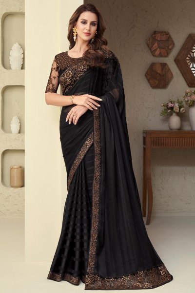 Black Silk Embroidered Bordered Saree