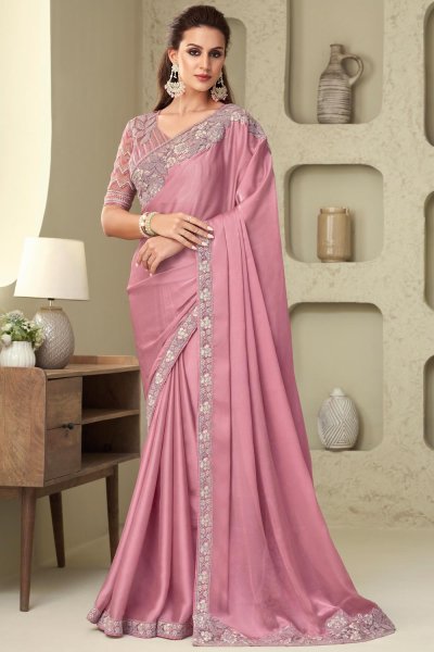 Blush Pink Silk Embroidered Bordered Saree