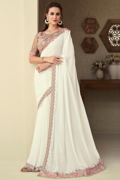 Ivory Silk Embroidered Bordered Saree