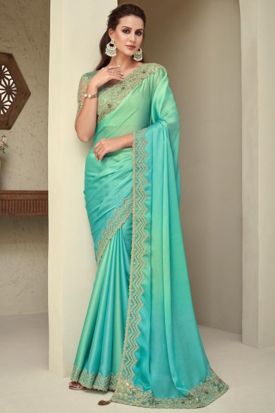 Aqua & Mint Silk Embroidered Bordered Saree