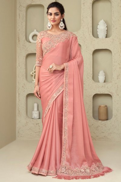 Peach Silk Embroidered Bordered Saree