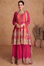 Pink & Orange Chinon Embroidered Tunic Style Kurta Set With Sharara