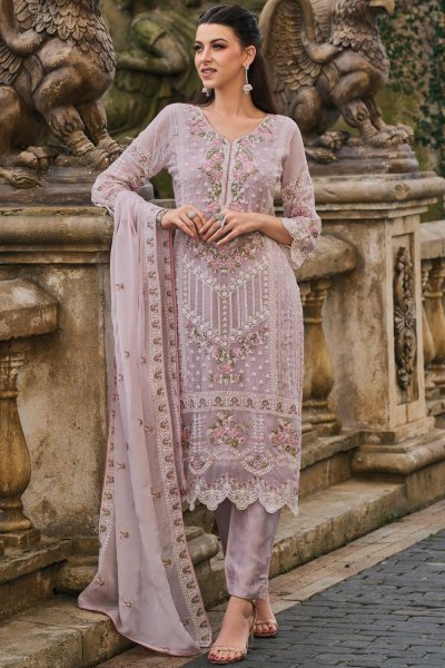 Ready To Wear Soft Lilac Organza Silk Embroidered Kurta Set