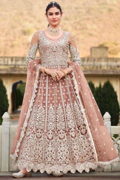 Peach Net Embroidered Anarkali Dress