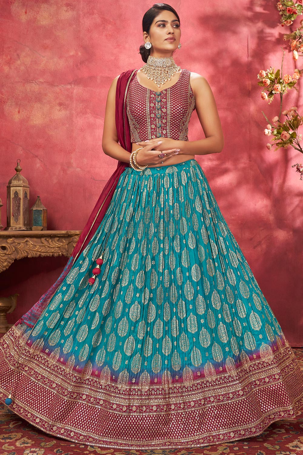 buy-ready-to-wear-blue-deep-red-silk-jacquard-embroidered-lehenga-set