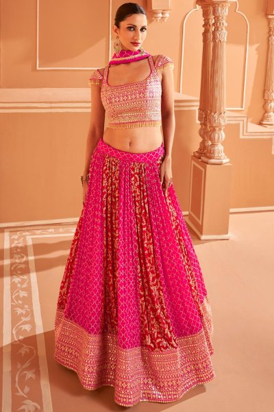 Fuchsia Pink Chinon Embroidered Lehenga Set