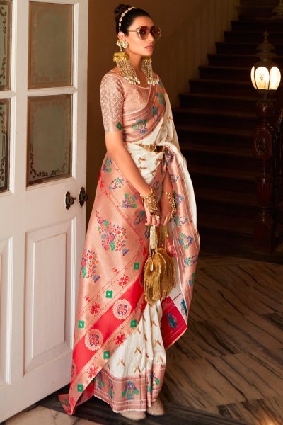 Ivory Silk Zari Weaved Paithani Saree