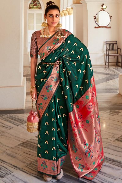 Bottle Green Silk Zari Weaved Paithani Saree