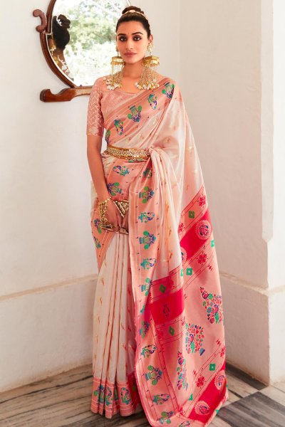 Light Peach Silk Zari Weaved Paithani Saree